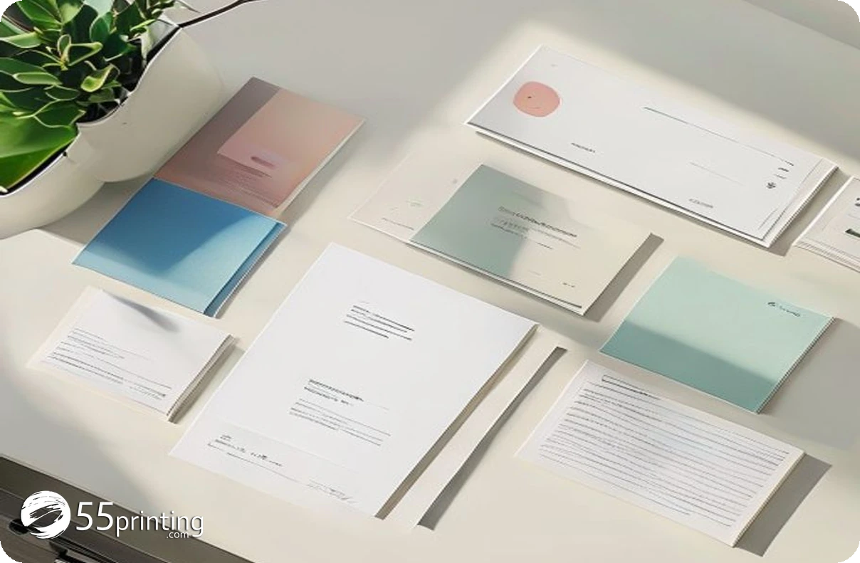 Different flyer sizes arranged on a white desk for a flyer printing size comparison