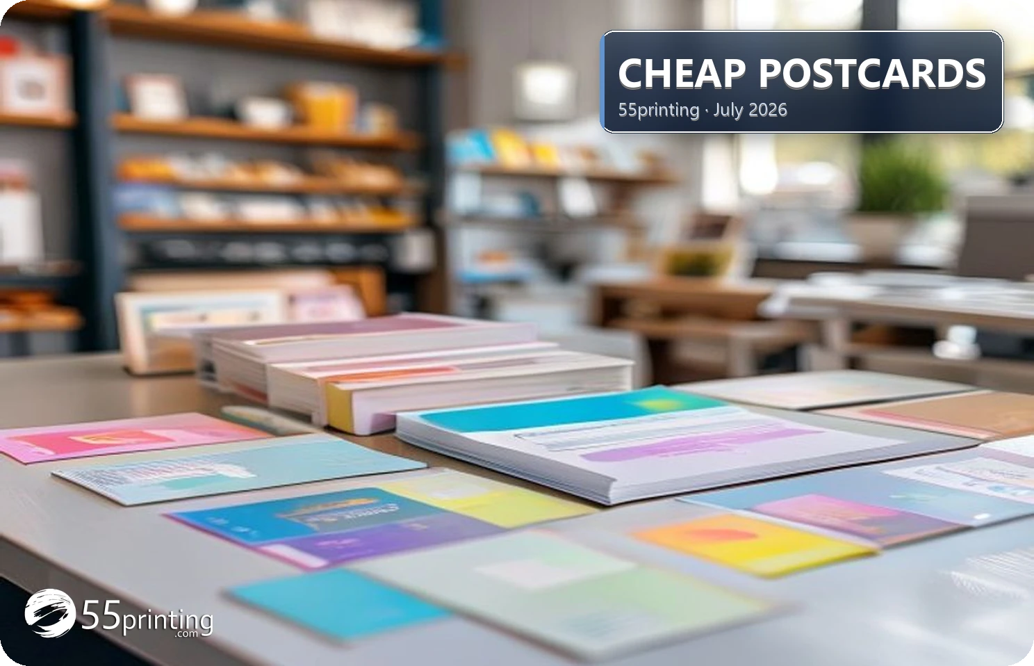 Large stack of inexpensive full color postcards on a table