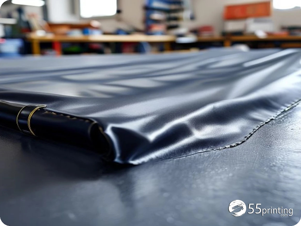 Close-up of a vinyl banner corner with reinforced hem and metal grommet