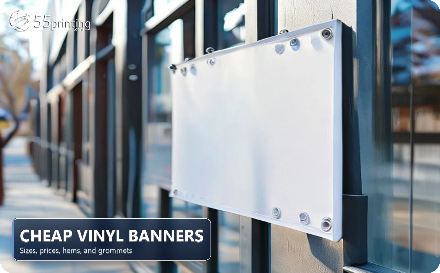 Outdoor vinyl banner mounted with grommets on a storefront fence