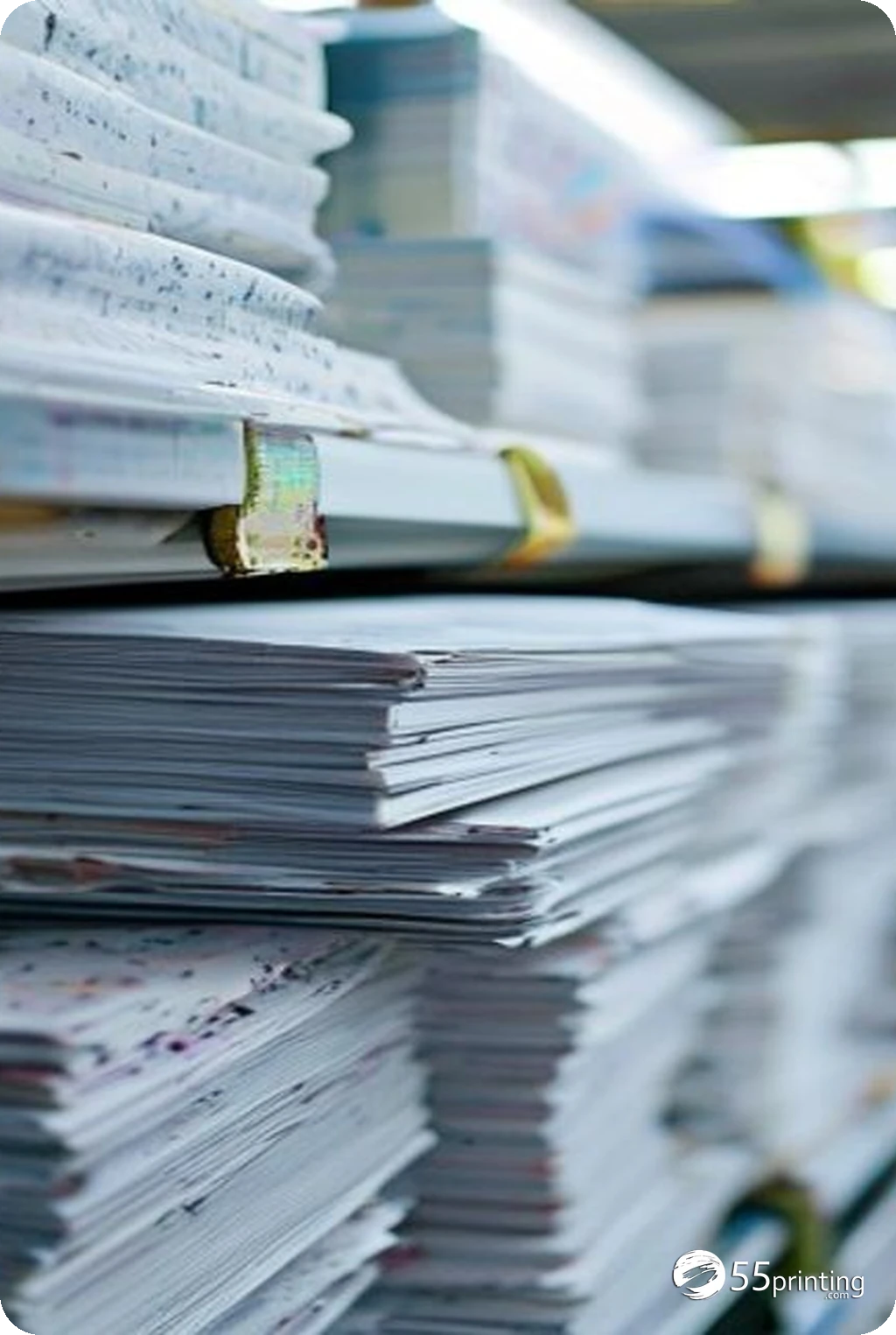 Detail of color printed pages stacked for bulk office distribution