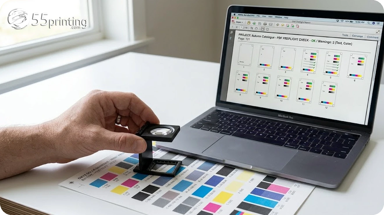 Hand holding a loupe over a printed color page beside a laptop showing a PDF page grid