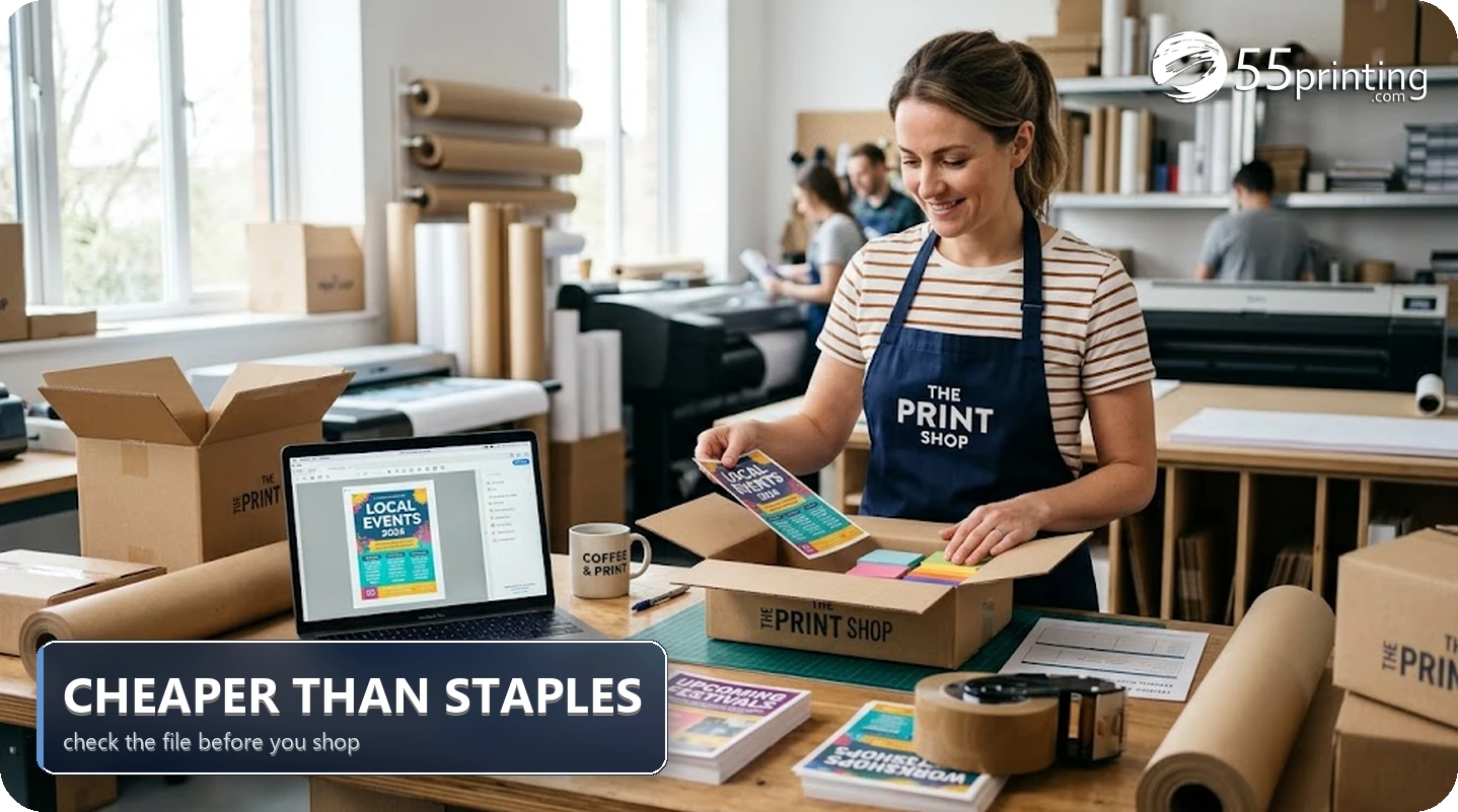 Small business owner packing boxes of freshly printed color flyers beside a laptop showing a PDF preview