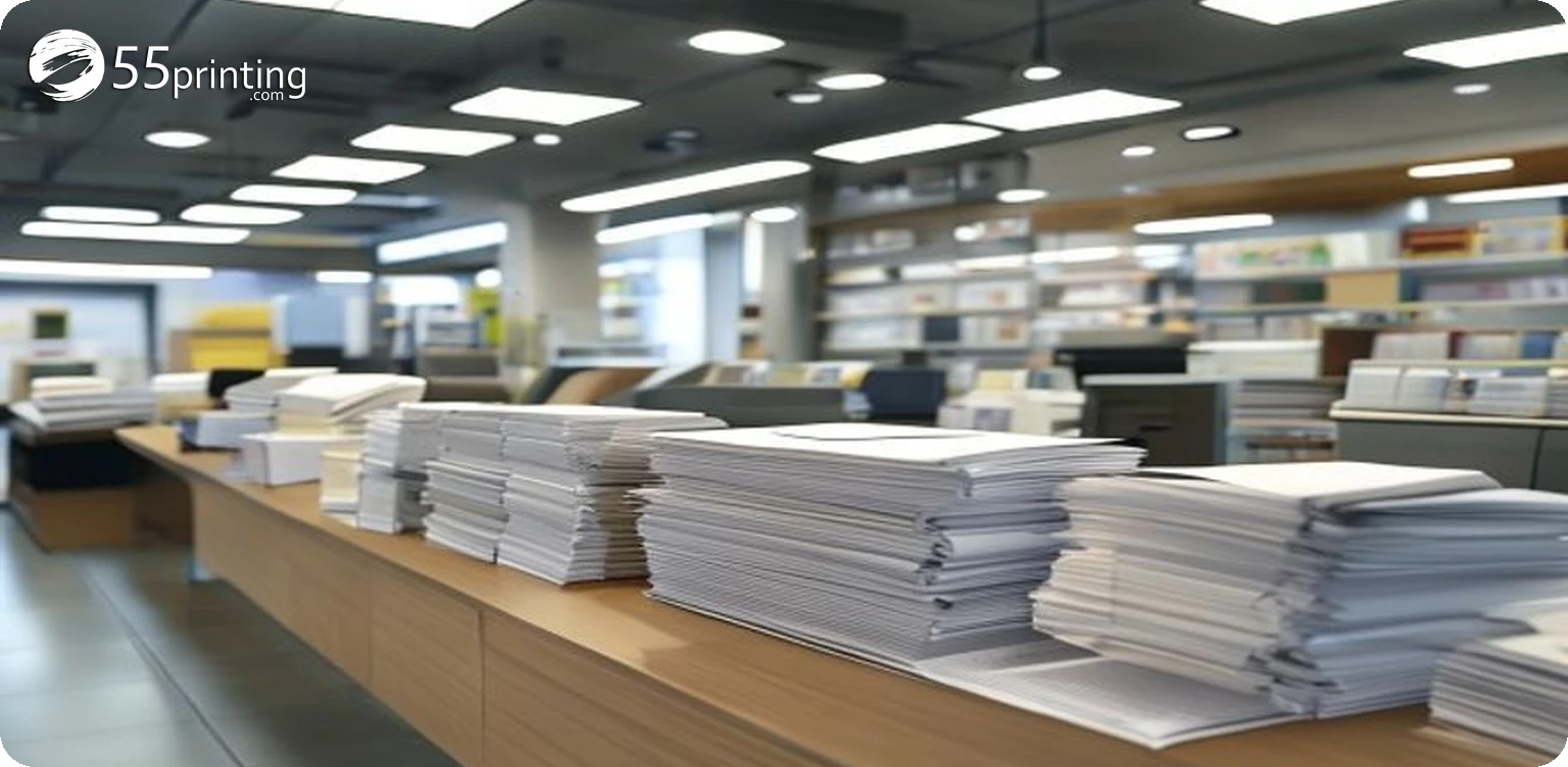 Copy shop counter showing black and white flyers alongside vibrant full-color printed flyers