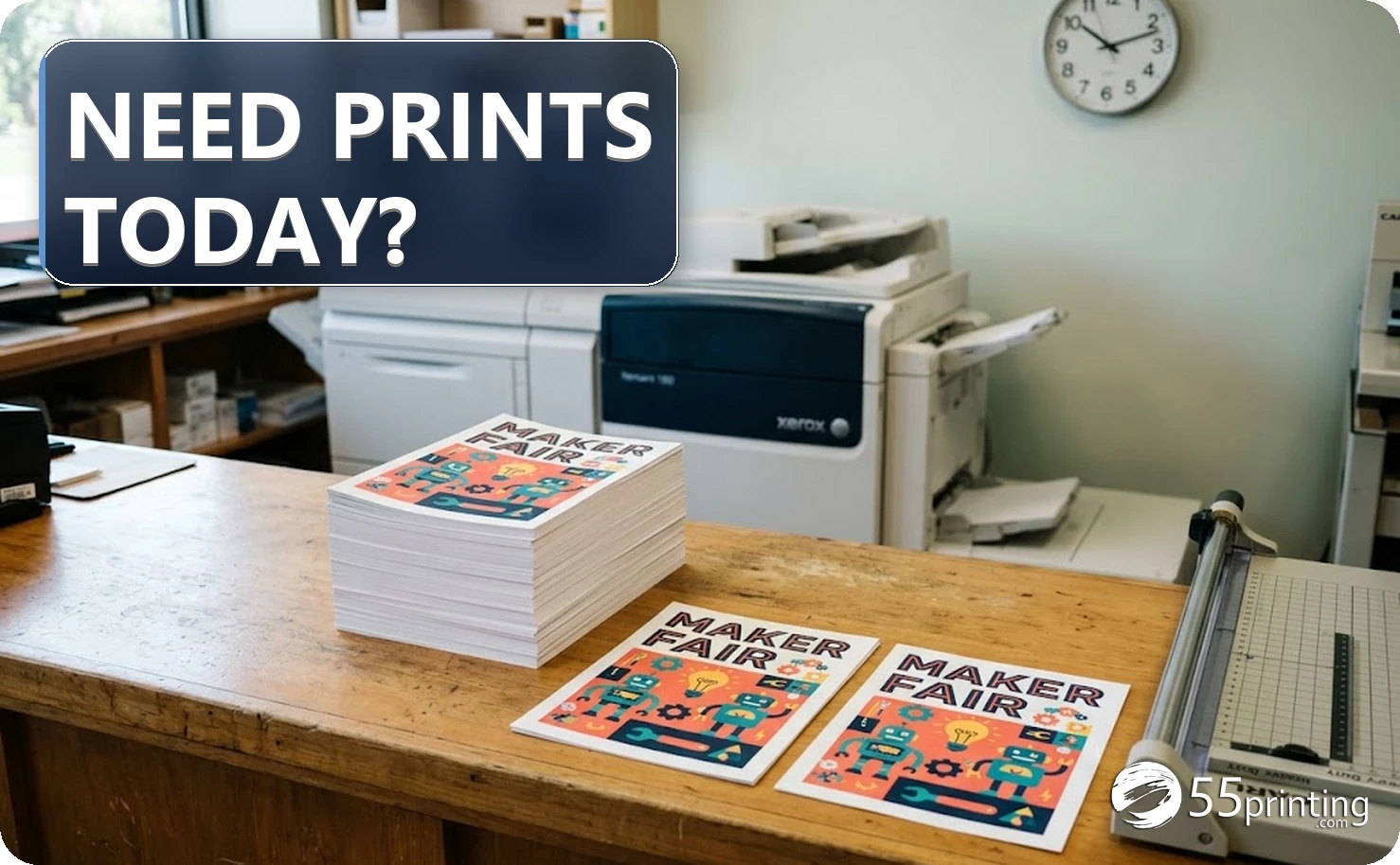 Full-color Maker Fair flyers ready for local pickup beside a paper trimmer, with a wall clock behind the counter
