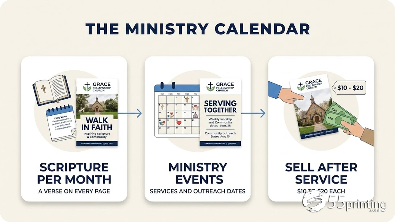 Three-part infographic showing scripture pages, ministry dates, and selling after service