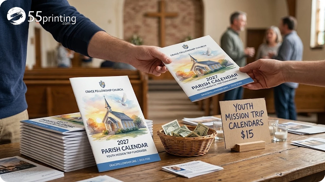 Volunteer handing a printed church fundraiser calendar to a congregation member beside a donation basket
