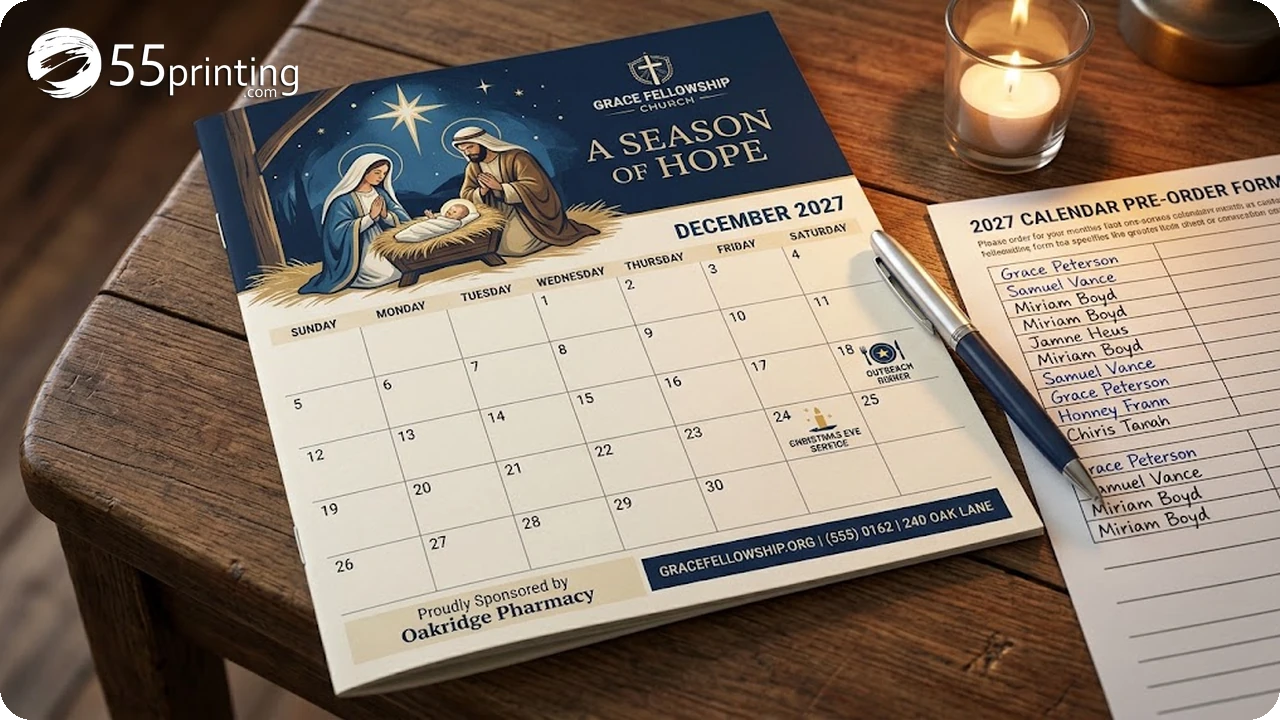 Open church fundraiser calendar showing a December grid with ministry event icons beside a pre-order form