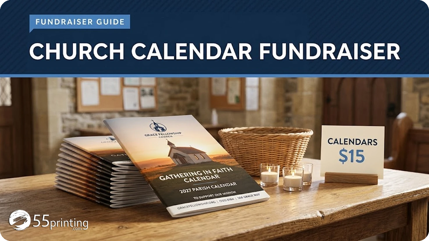 Printed church fundraiser calendars with chapel cover art on a welcome table beside an offering basket