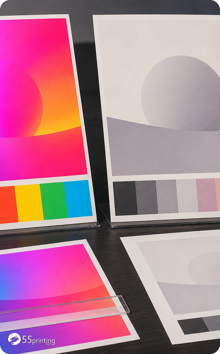 A proof review compares important color areas, brand authority, coated-paper context, and screen reference