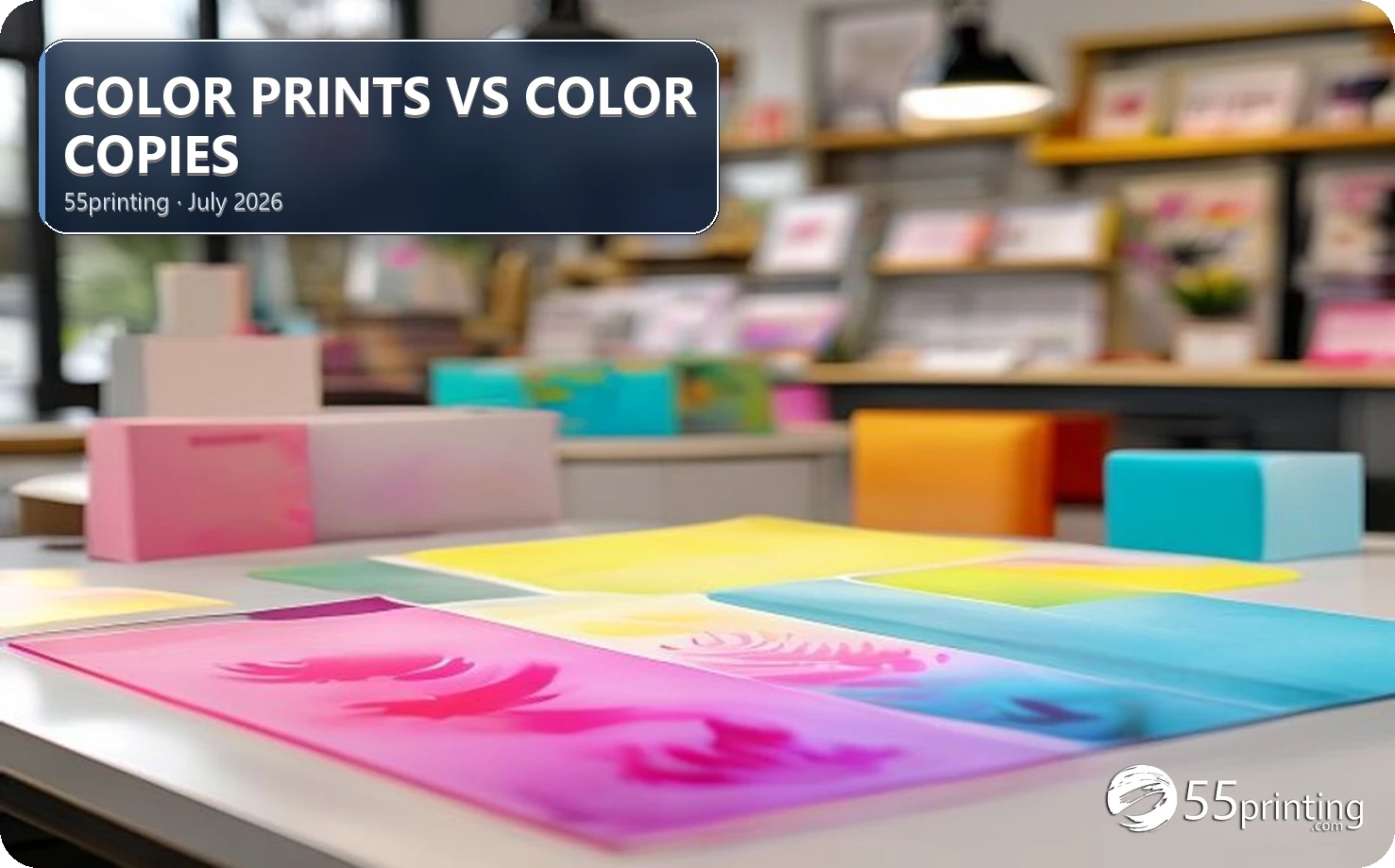 Side by side color print and color copy document stacks on a table