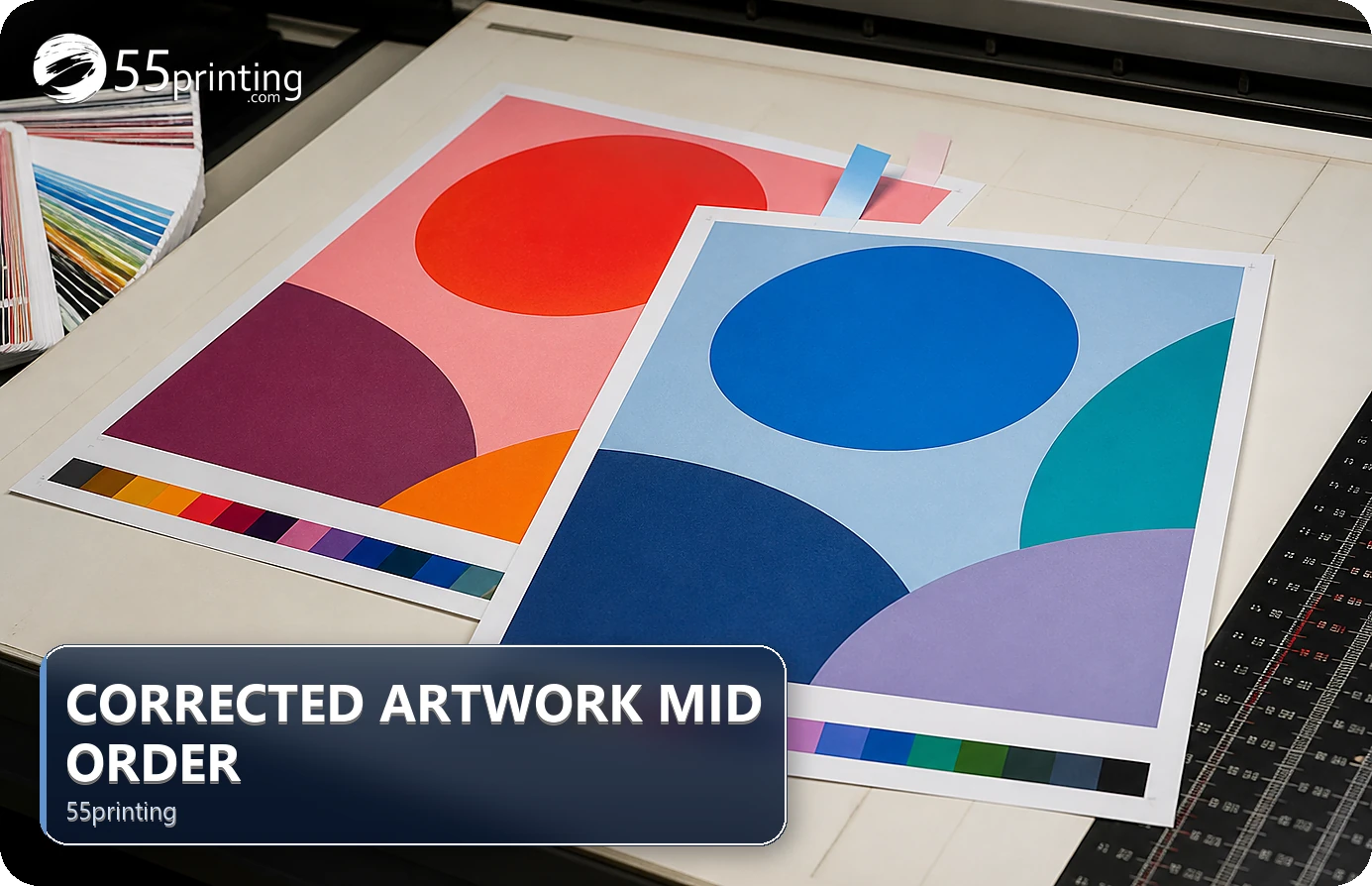 A corrected artwork version is compared with the prior file and proof before handoff