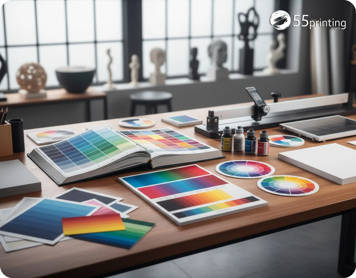 A custom print request checklist records finished dimensions quantity turnaround paper coating and artwork status