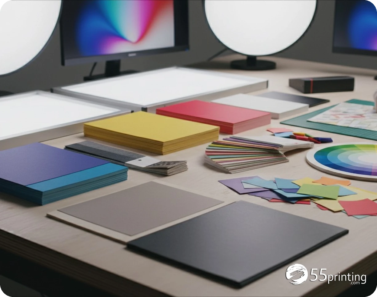 A print specialist compares standard and custom paper finishing samples before reviewing a request
