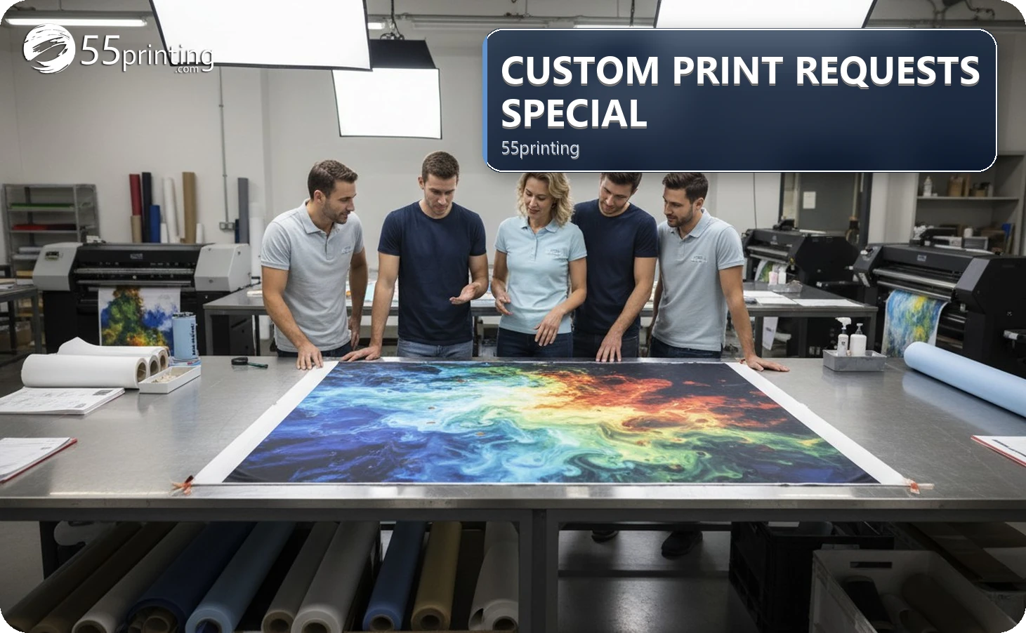 A print specialist reviews a custom size and finishing brief with paper samples and a ruler