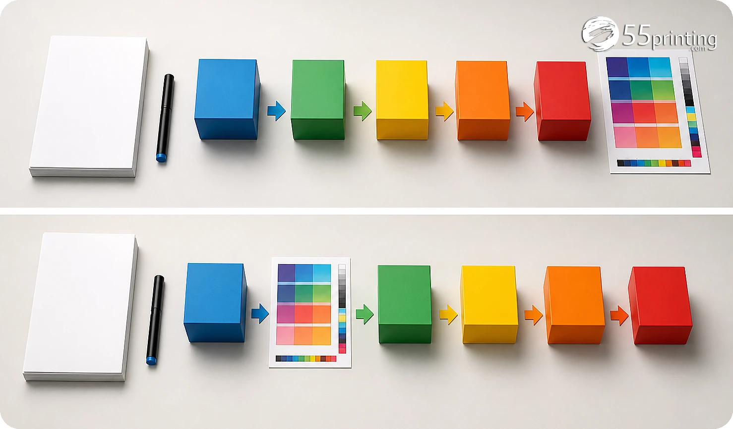 A final print file is compared with its template, page order, and proof before upload