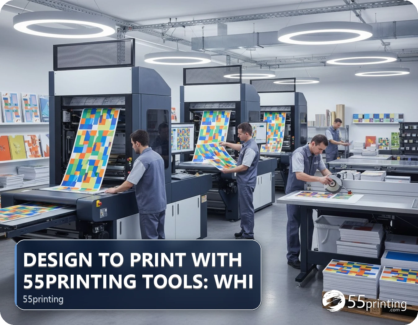 A printshop worker using a computer with design tools open