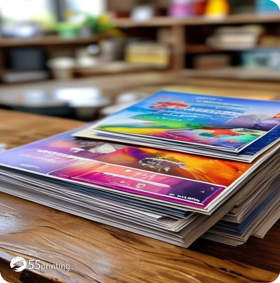 Stack of freshly printed full-color EDDM postcards on a print shop counter