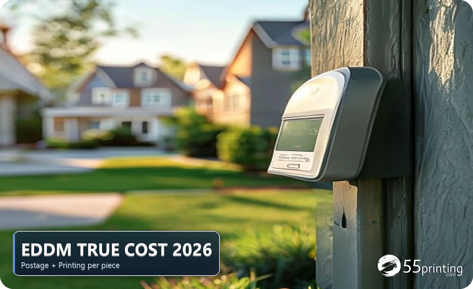 Full-color EDDM postcard mailer leaning against a residential mailbox in a neighborhood