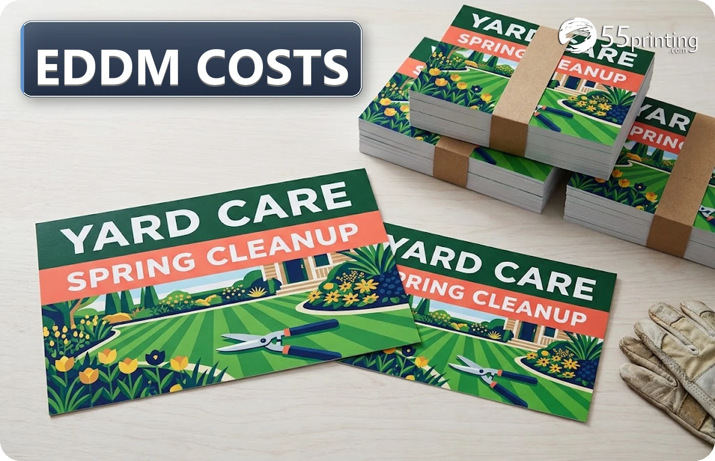 Full-color Yard Care landscaping postcards with Spring Cleanup headlines beside organized direct-mail print bundles