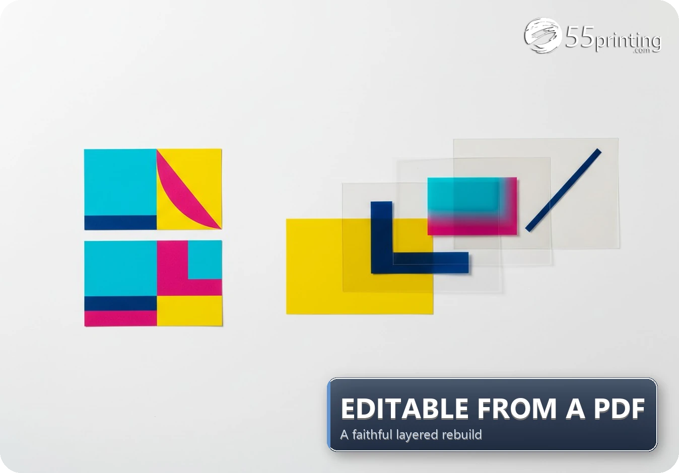 Flat business card and postcard artwork beside the same designs exploded into separated editable layers