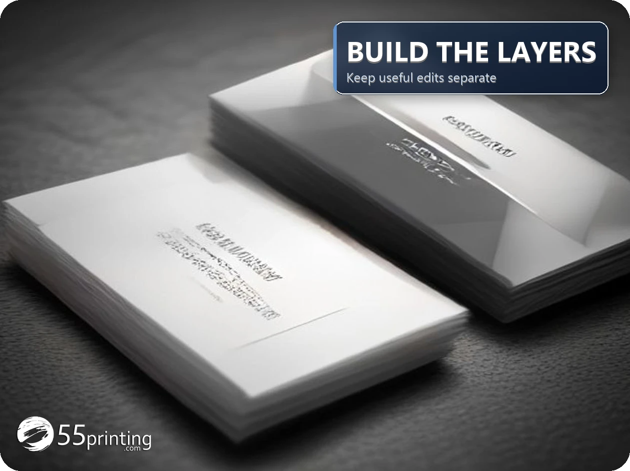 Separate editable layers for a fictional business card with background, logo, text, and safe area