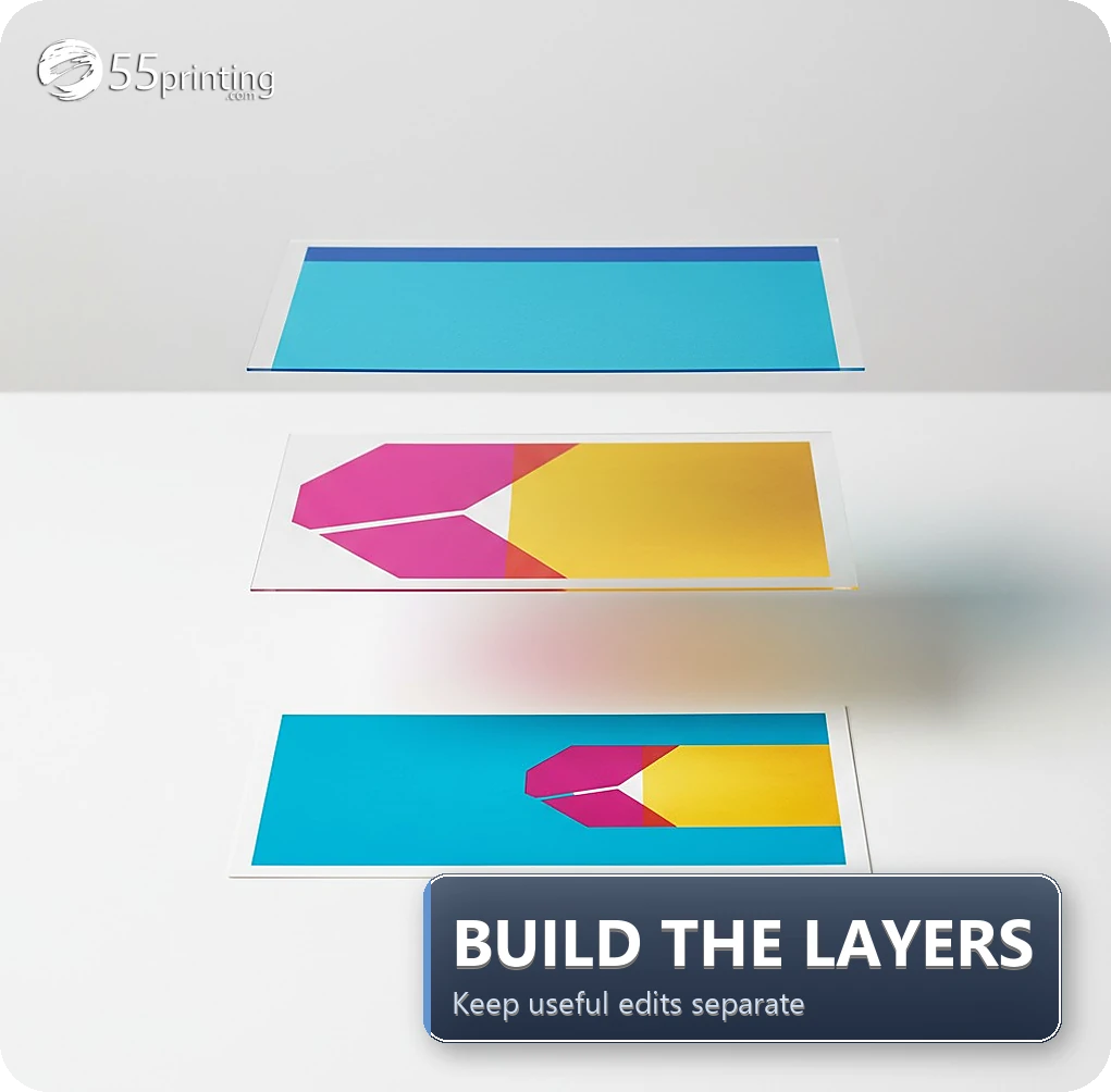 Vertical stack of transparent sheets, each holding one isolated design element above the finished color card