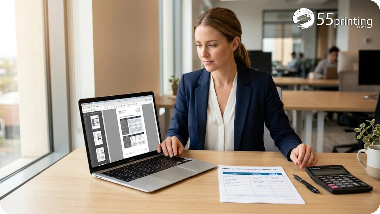 Office worker comparing a printed price worksheet beside a laptop showing the page thumbnails of one PDF