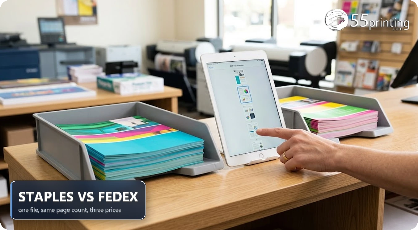 Two identical stacks of color pages on retail counter trays with a tablet showing one PDF between them