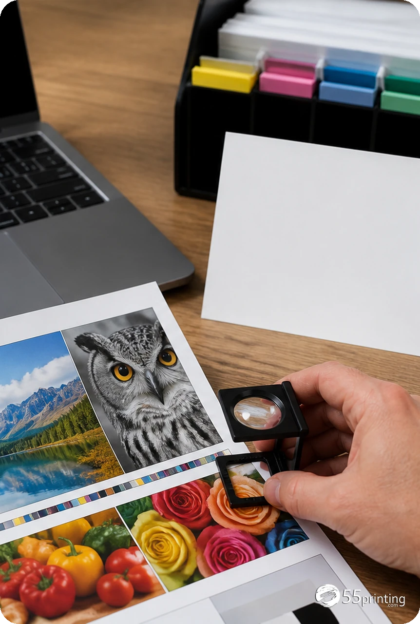 A prepress note points to crop, safe zone, logo, and proof checks on a file