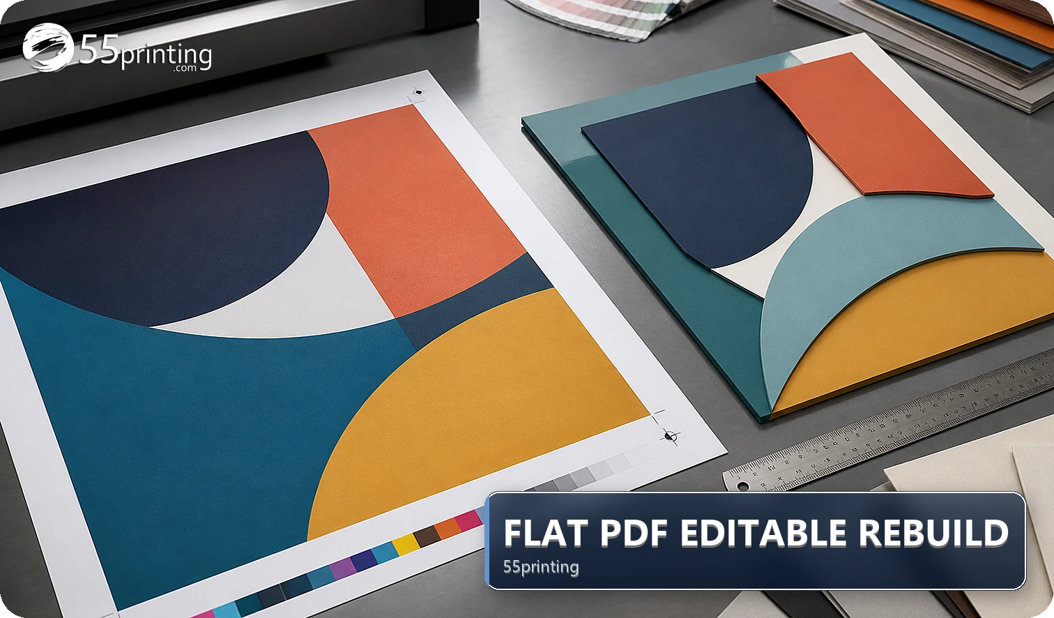 A flat PDF and editable source are compared before a print handoff