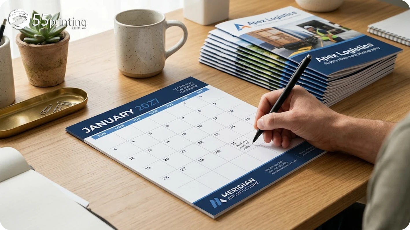 Hand writing a note on a printed January 2027 calendar template page on a home desk