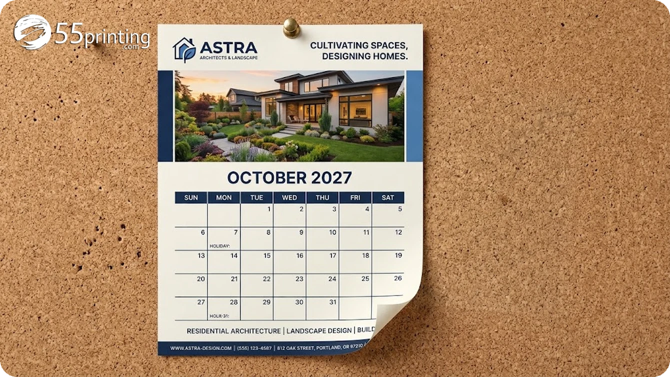 Printed 2027 calendar template page and year-at-a-glance sheet pinned to a cork board