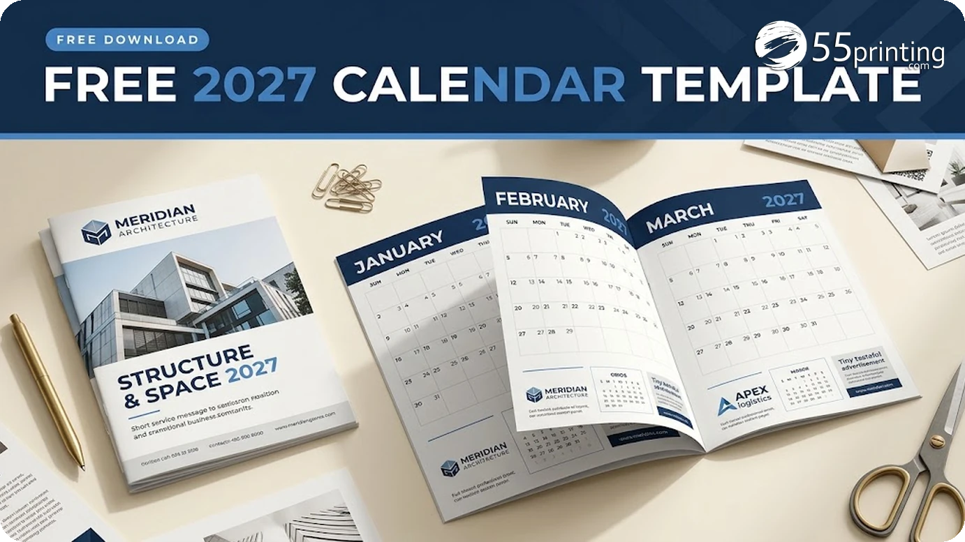 Printed letter-size 2027 calendar template pages fanned on a bright desk