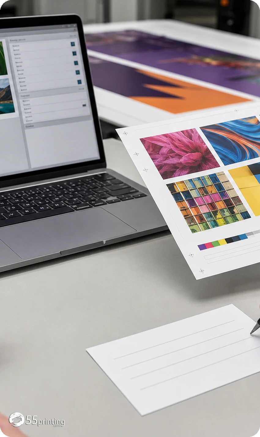 Printed PDF proof inspected for trim marks, safe margins, image placement, and color patches