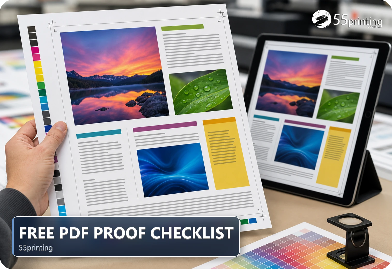 Print operator reviewing a colorful PDF proof beside production paper