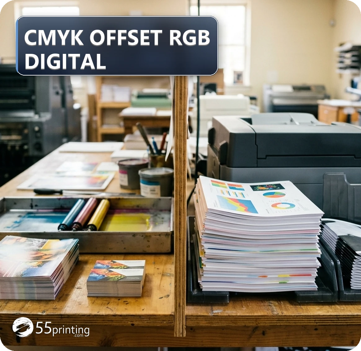 Offset cards on one side of a desk and digital color copies on the other to show CMYK versus RGB file paths