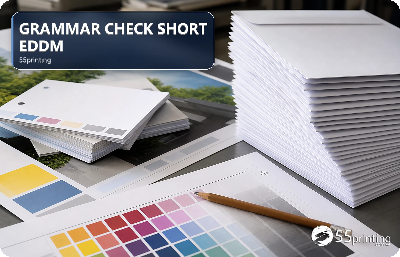 Short postcard copy is reviewed for grammar, offer facts, contact details, and product placement