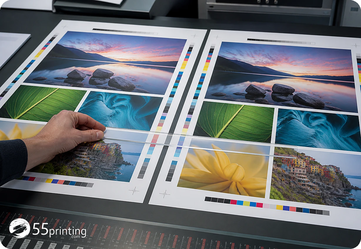Printed flyer proof reviewed with an editing pencil beside a corrected proof