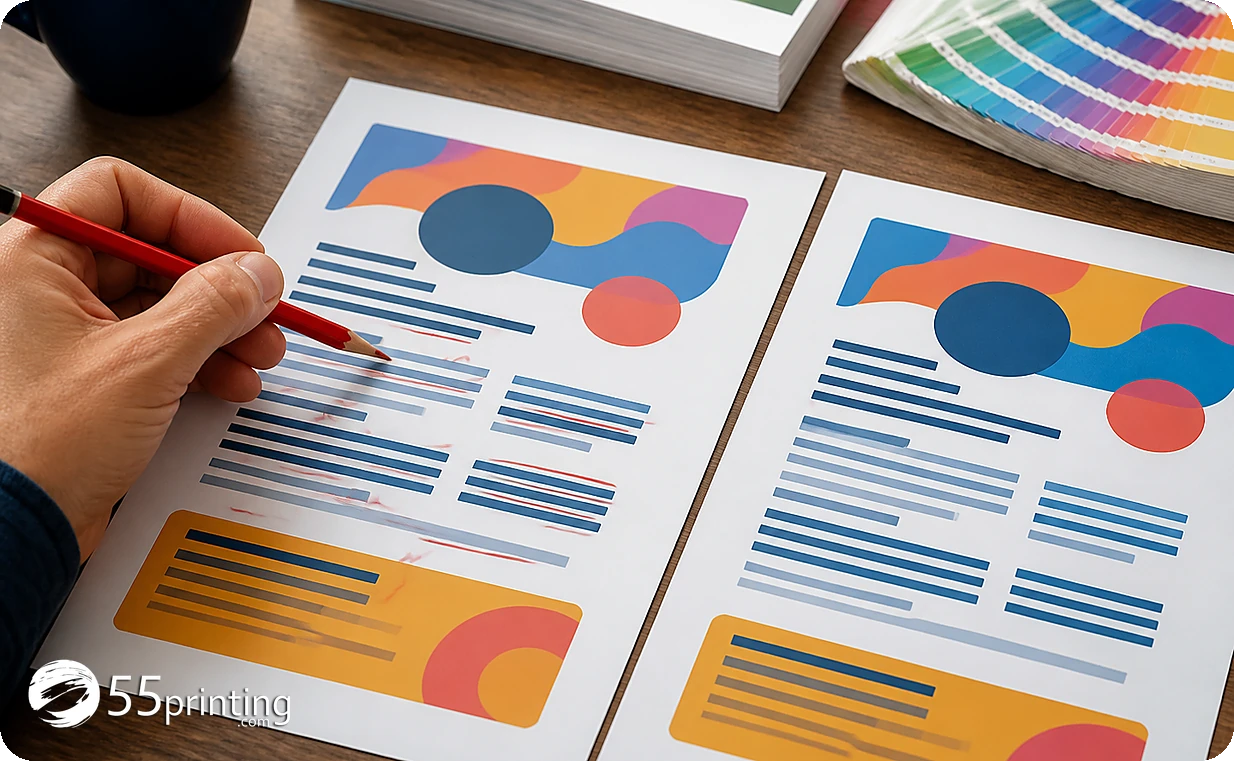 Two print proofs compared for headline hierarchy, line spacing, and copy clarity