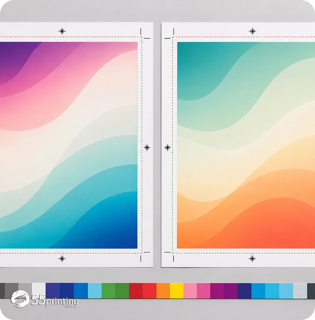 A final print file is checked for guide-line removal, edge coverage, text placement, and proof