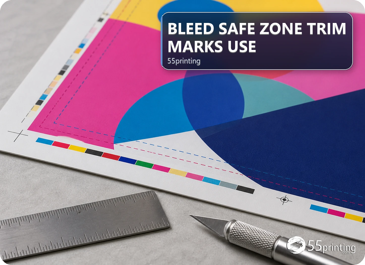 A guideline template separates bleed, trim, and safe-zone areas for print artwork