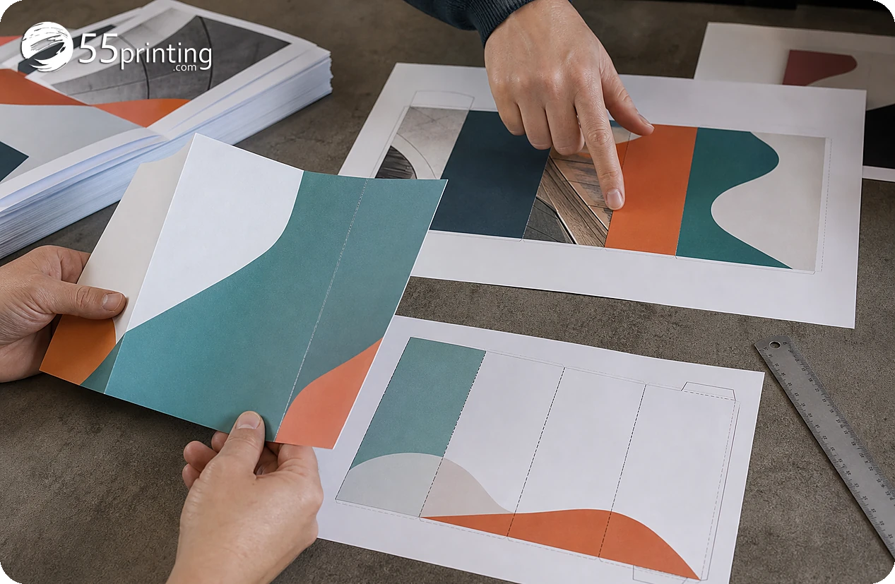 A brochure working file labels panels and keeps headline, logo, and QR content clear of fold guides