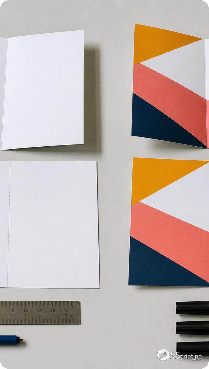 A brochure proof checks panel order, fold placement, crop, contact copy, and QR position