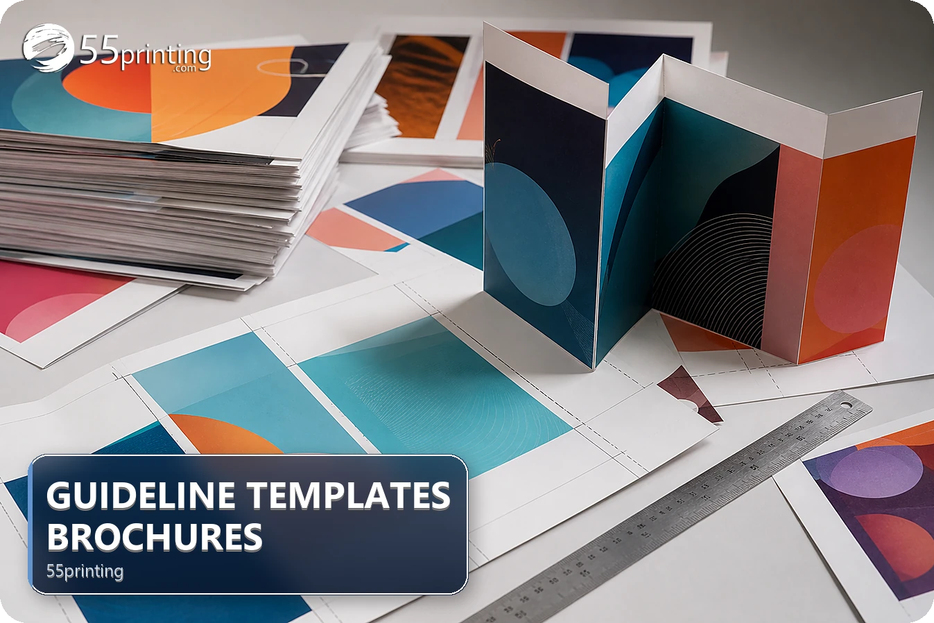 A brochure template is checked for panel order, fold lines, bleed, safe zones, and front-back reading flow