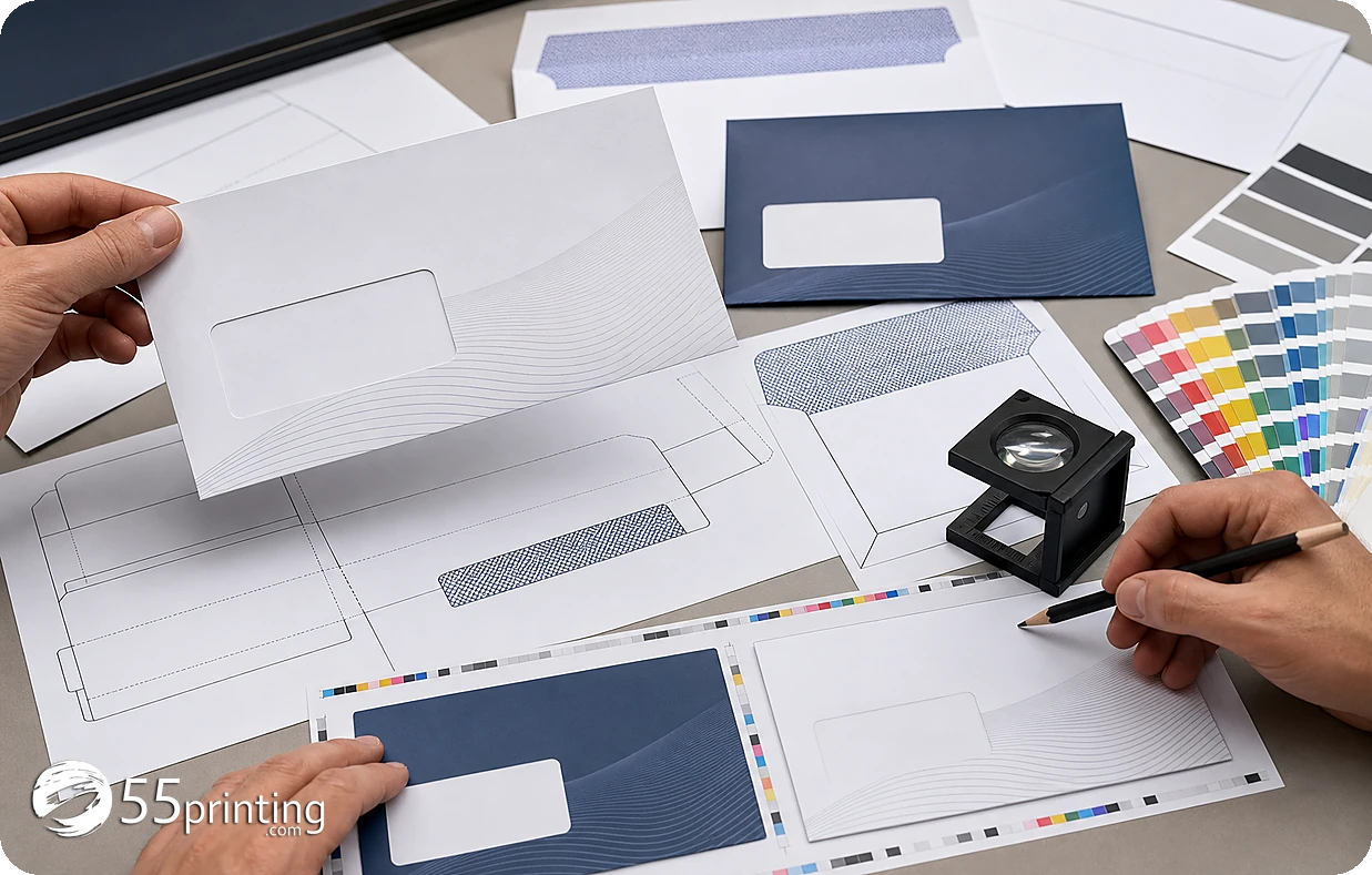 An envelope working file labels front, back, flap, prefold, and address areas