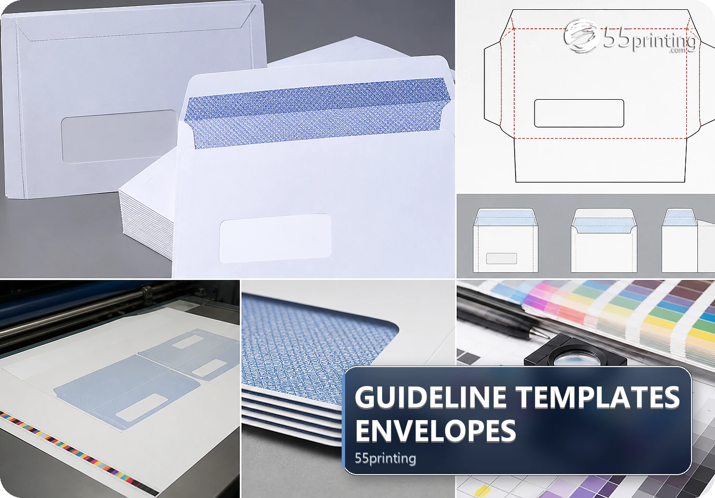 An envelope template is checked for panels, flap, prefold lines, bleed, and address placement