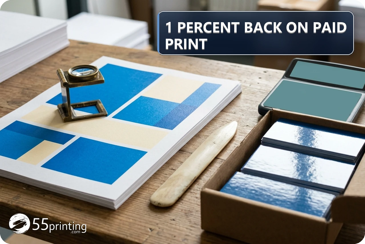 A print estimator reviews a paid-print worksheet beside gloss cards to show how 1 percent back is calculated