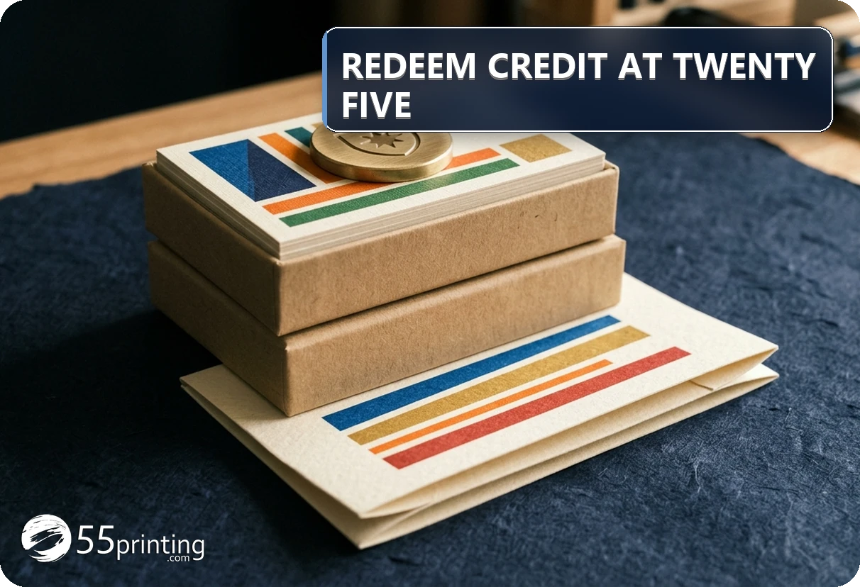 Printed cards stacked with a small credit-slip and token to show the twenty-five dollar rewards redeem start