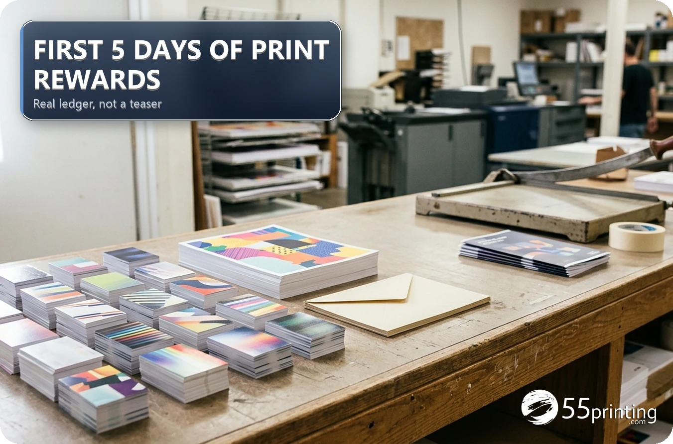 Fresh gloss business cards and flyers stacked on a print-shop counter for the first five days of 55printing print rewards